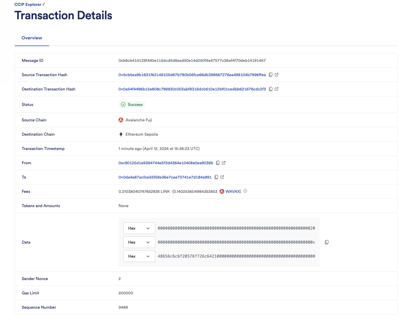 Chainlink CCIP Explorer transaction success